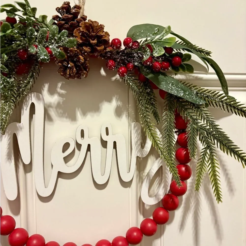 Holiday Wreath with Red Beads and Greenery